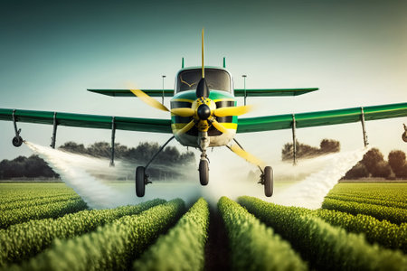 Small propeller plane flying over the field of green grass. This is a 3d render illustrationの素材
