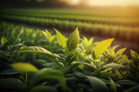 Green tea plantation in the morning light with soft focus and vintage tone.の素材