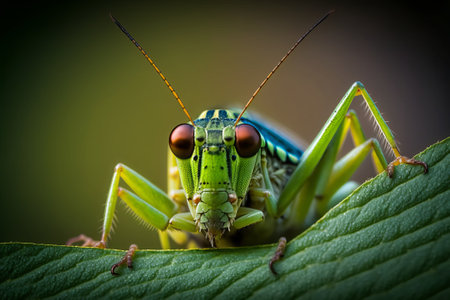 Macro shot of grasshopper on green leaf in nature.の素材