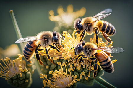 Close up of bees on yellow flower. Shallow depth of field.の素材