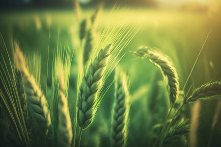 Green ears of wheat on the field. Nature background. Vintage style.の素材