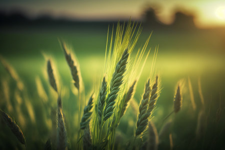 Green ears of wheat on the field at sunset. Shallow depth of fieldの素材