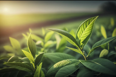 Green tea leaves on the field in the morning light. Nature background.の素材