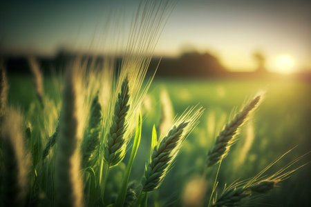 Green wheat field at sunset. Nature background. Vintage toned imageの素材
