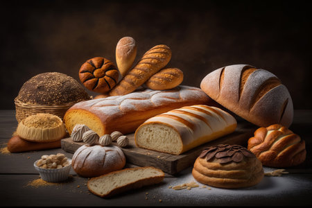 Assortment of baked bread on wooden table. Bakery background.の素材