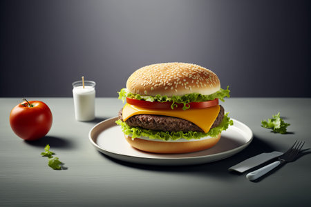 Hamburger on a white plate with fork and knife on a dark backgroundの素材