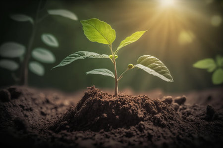 Young green plant growing in soil with sunlight. Ecology and environment concept.の素材
