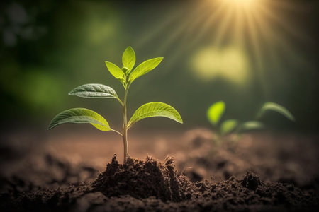 Green seedling illustrating concept of new life and natural growth in fertile soilの素材