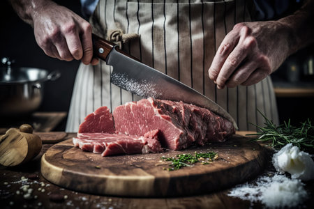 Butcher cutting meat with a knife on a wooden cutting board.の素材