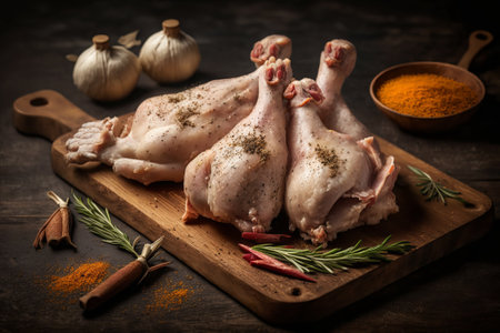 Raw chicken legs with spices and herbs on a wooden board. Selective focus.の素材