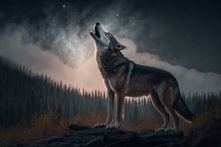 Wolf howling at the night in the forest. 3d renderingの素材
