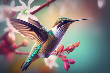 Hummingbird sitting on the flower. Filtered image processed vintage effect.の素材
