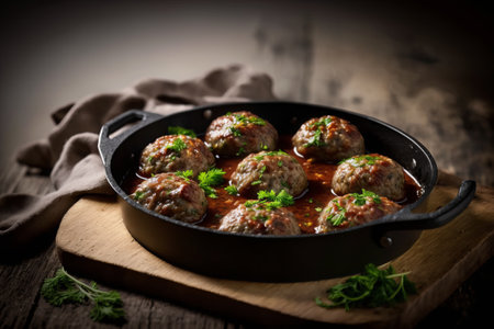 Meatballs in tomato sauce in a frying pan on a wooden backgroundの素材