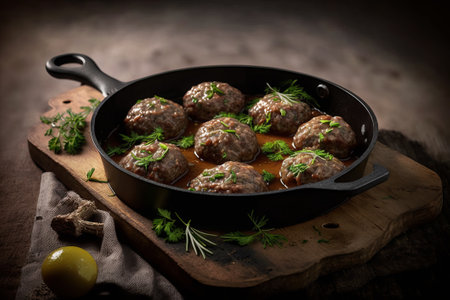Meatballs with tomato sauce in a frying pan on a wooden tableの素材