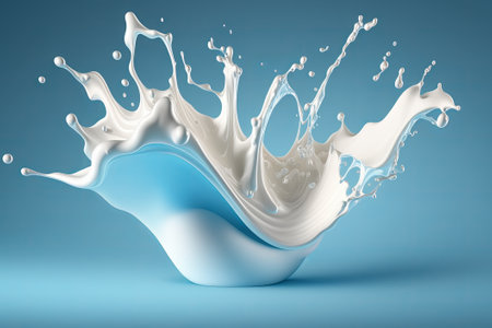 Splash of milk on a blue background. 3d rendering.の素材