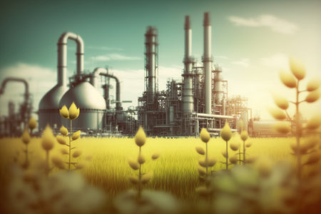 Double exposure of oil refinery plant with yellow flowers and blue sky.の素材