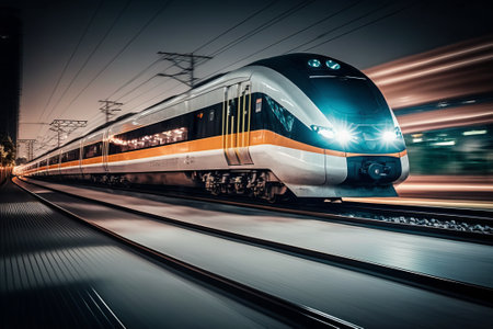 High speed train in motion at high speed. Railway transportation concept.の素材