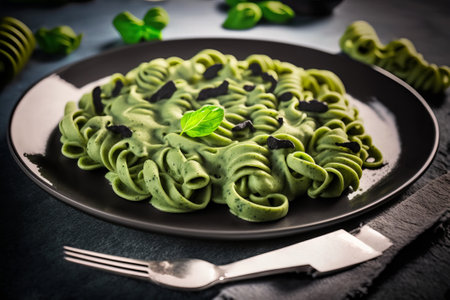 Green pasta with basil pesto sauce on a black plate. Toned.の素材