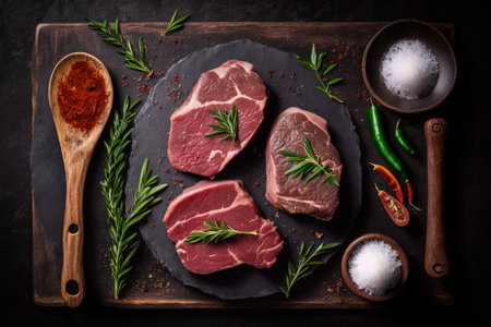 Raw pork steaks with rosemary and spices on a black backgroundの素材