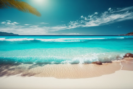 Tropical beach with white sand and turquoise water under blue skyの素材