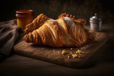Fresh croissants on a wooden board. Vintage style. Toned.の素材