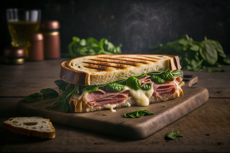 Sandwich with ham, cheese and basil on a wooden background. Selective focus.の素材