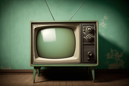 Vintage television in grunge room with green wall and wooden floorの素材