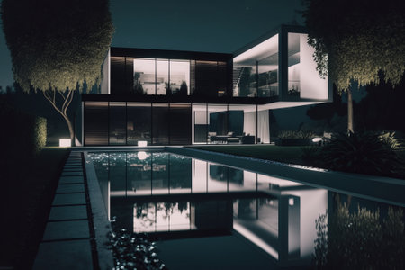 3d rendering of modern luxury house with pool and garden at nightの素材