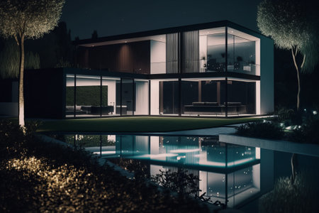 3d rendering of modern cozy house with pool and parking for sale or rent. Luxury home in the garden at night.の素材