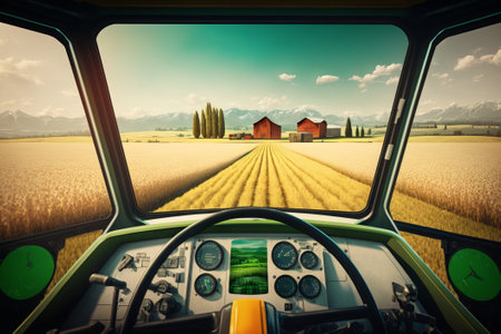 View from the cockpit of a combine harvester in a wheat fieldの素材