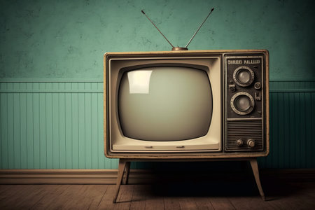 Vintage TV in room with green wall and wooden floor, 3D renderingの素材