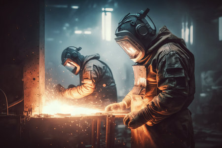 Industrial worker in protective clothing and mask welding metal in factory.の素材