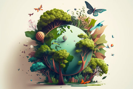 Ecology concept. Earth globe surrounded by trees and butterflies. 3d renderの素材