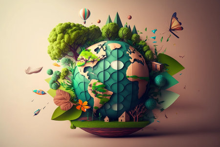 Planet earth with green trees and houses on it. 3D renderingの素材
