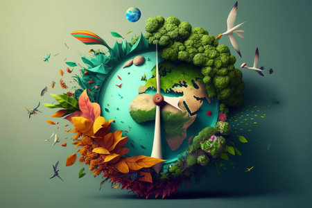 Conceptual image of planet earth surrounded by leaves and birds flying aroundの素材