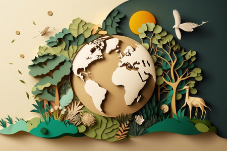 Ecology concept with world map and trees. Paper art style.の素材