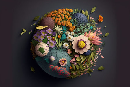 Earth with flowers and leaves. 3d illustration. Earth Day.の素材