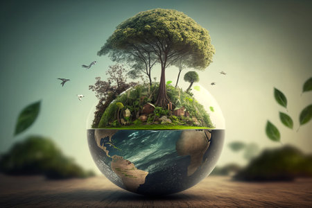 Ecology concept. Earth globe with green trees and birds flying aroundの素材