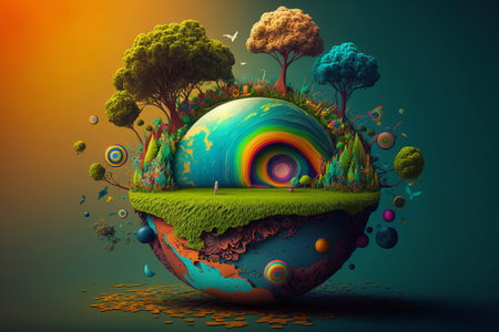 Earth planet with trees, grass and clouds. 3D illustration.の素材