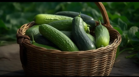 Fresh cucumbers in a wicker basket on a wooden background.の素材
