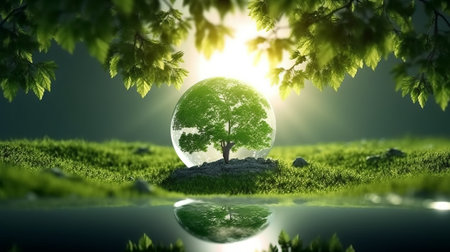 Green tree in the shape of a planet and green grass background.の素材