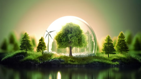 Green energy concept with wind turbines and trees in a glass sphere.の素材