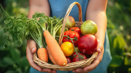 Woman holding wicker basket with fresh vegetables on blurred background, closeupの素材