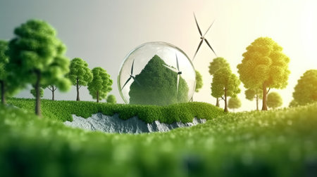 Ecology concept with green planet and wind turbines. 3D renderingの素材