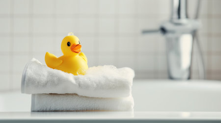 Yellow rubber duck on white towel in bathroom. Shallow depth of field.の素材