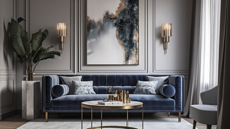 Living room interior with blue sofa and coffee table, 3d renderの素材