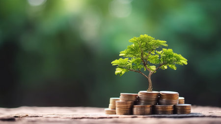 Tree growing from pile of coins with green bokeh background, business and financial conceptの素材