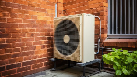 Air conditioner on brick wall background, air conditioner in the gardenの素材
