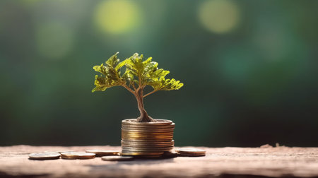 Investment concept, Coins with tree growing on wooden table, stock imageの素材