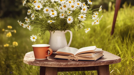Cup of coffee, book and bouquet of daisies on wooden table in gardenの素材